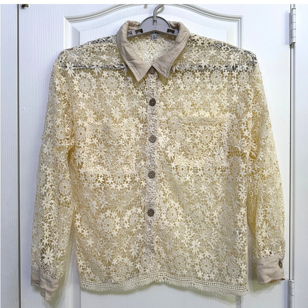 White Birch Floral Crochet Button Down Shirt 1X Cream Cottagecore Boho Coastal